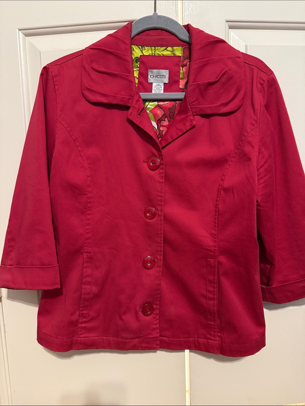 Chico's Red Button-Front Jacket with Printed Lining